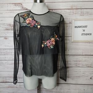 GUESS Mesh Floral Embroidered Top Size M